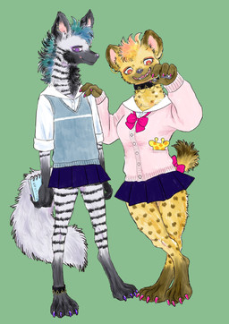 accessory anthro blue_hair bottomwear bow_(feature) bow_accessory bow_ribbon bow_tie claws clothed clothing collar digitigrade duo ear_piercing ear_ring fangs female furgonomics hair hand_on_shoulder miniskirt neck_tuft notebook open_mouth orange_eyes piercing pink_bow pink_claws pink_hair purple_eyes ribbons ring_piercing school_uniform shirt simple_background skirt standing sweater tail tail_accessory tail_bow tail_ribbon teeth topwear tuft uniform kyokyota mihana_(kyokyota) quito_(kyokyota) hyena mammal spotted_hyena striped_hyena 2019 absurd_res hi_res