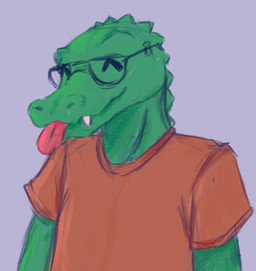 anthro clothing eyewear glasses green_body green_skin male orange_clothing orange_shirt orange_topwear shirt smile solo tongue tongue_out topwear wearing_glasses ruski dann_croc crocodile crocodilian reptile scalie colored_sketch sketch