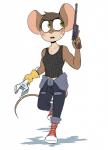 2018 4_fingers anthro bandage beezii big_ears big_eyes biped breasts brown_body brown_fur clothed clothing converse countershading digital_media_(artwork) female fingers flat_colors footwear front_view fully_clothed fur gloves green_eyes gun handgun handwear hi_res holding_gun holding_object holding_ranged_weapon holding_weapon humanoid_hands jumpsuit looking_away maggie_(beezii) mammal mauser_c96 midriff mouse murid murine open_mouth ranged_weapon rodent running shirt shoes simple_background sneakers solo tank_top teeth tools toony topwear trigger_discipline weapon white_background white_body white_fur wrench