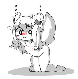anthro bdsm black_eyes blush bodily_fluids bondage bound breasts chain chained female female_anthro fluffy fluffy_tail hair kemono kneeling long_hair neck_tuft nipples nude simple_background small_breasts solo sweat tail tears tuft white_background white_body white_hair potatobud3 canid canine canis mammal wolf 2021