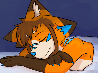 ambiguous_gender bedding blanket blue_claws blue_markings blue_nose claws eyes_closed facial_markings fur gloves_(marking) head_markings lying markings mouth_closed on_front orange_body orange_fur sleeping solo namybites namy canid canine fox mammal 2026 4:3 digital_drawing_(artwork) digital_media_(artwork) hi_res