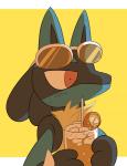 ambiguous_gender anthro beverage bodily_fluids drinking drinking_straw eyewear eyewear_on_head food fruit glasses glasses_on_head ice_cube lemon plant red_eyes simple_background solo sunglasses sweat sweatdrop yellow_background sikai nintendo pokemon generation_4_pokemon lucario pokemon_(species) 2016