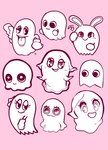 blush clothing directional_arrow eyelashes female floating glistening glistening_eyes gloves handwear lidded_eyes looking_at_viewer mouth_closed mouthless not_furry open_mouth open_smile pink_background simple_background smile solo tongue oposa bandai_namco pac-man_(series) pac-man_and_the_ghostly_adventures pac-man_arrangement pac-man_party pac-man_world pinky_(pac-man) ghost spirit hi_res monochrome