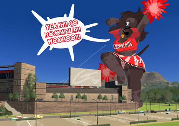 animal_ears anthro bell big_breasts biped black_hair blue_sky bottomwear breasts building car cheerleader cheerleader_outfit city clothed clothing clothing_lift cloud crop_top dark_body dark_skin day dog_tail eyes_closed female female_anthro floppy_ears folded_ears ground_vehicle hair jumping macro macro_anthro macro_female macro_job midriff miniskirt motor_vehicle navel outside panties panty_shot pattern_bottomwear pattern_clothing pattern_panties pattern_underwear plant pom_poms raised_arms red_bottomwear red_clothing red_crop_top red_shirt red_skirt red_topwear road shirt shirt_lift skirt sky solo speech_bubble striped_bottomwear striped_clothing striped_panties striped_underwear stripes tail text topwear tree underwear vehicle anonymous_artist canid canine mammal colored english_text