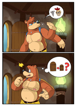 anthro backpack belly blue_eyes border bottomwear brown_body brown_fur clothing fur jewelry male necklace nipples pecs shorts slightly_chubby white_border eclipticafusion banjo-kazooie rareware banjo_(banjo-kazooie) bear mammal comic hi_res