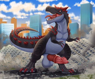 animal_genitalia animal_penis balls city city_background city_crushing city_destruction claws destruction extreme_size_difference fangs feral genitals horn macro macro_feral macro_focus macro_male male open_mouth pawpads paws penis size_difference solo spiked_penis spiked_tail spikes spikes_(anatomy) tail teeth toe_claws vein veiny_penis furrypur dinosaur prehistoric_species reptile saurischian scalie theropod tyrannosaurid tyrannosauroid tyrannosaurus tyrannosaurus_rex hi_res