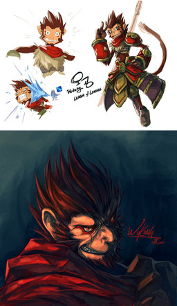 armor brown_body brown_fur brown_hair clenched_teeth fur grin hair looking_at_viewer male red_eyes shocked smile solo tail teeth kuron journey_to_the_west league_of_legends riot_games tencent sun_wukong wukong_(lol) ape haplorhine mammal monkey primate hi_res