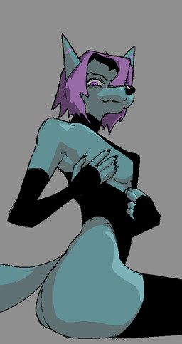 armwear big_butt black_clothing blue_body breasts butt clothing clothing_pull female hair hair_over_eye legwear leotard looking_at_viewer looking_down looking_down_at_viewer medium_breasts piercing purple_eyes purple_hair side_boob slim solo stockings tail hieronymusjohnson canid canine mammal aliasing binary_drawing digital_drawing_(artwork) digital_media_(artwork)