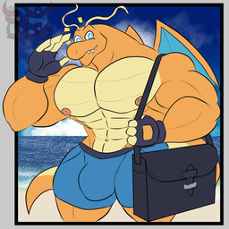 abs antennae_(anatomy) anthro areola barazoku beach biceps big_bulge big_muscles big_pecs blue_clothing blue_eyes blue_swimming_trunks blue_swimwear blue_wings border bulge clothed clothing cloud day fangs fingerless_gloves gloves handwear huge_pecs looking_at_viewer male mouth_closed muscular muscular_anthro muscular_arms muscular_legs muscular_male navel nipples orange_body pecs ringed_eyes saddle_bag sand sea solo standing swimming_trunks swimwear tail teeth thick_neck topless topless_anthro topless_male triceps water wings yellow_chest daikuhiroshiama nintendo pokemon johnathan_(daikuhiroshiama) dragonite generation_1_pokemon pokemon_(species) 2026 hi_res watermark