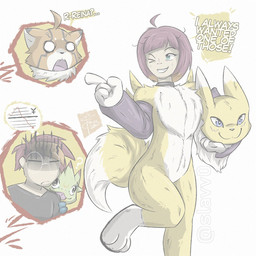 anthro blue_eyes clothed clothing costume cutaway dialogue eyewear female fursuit fursuit_head gesture glasses green_eyes hair hand_gesture holding_fursuit_head human_wearing_fursuit humor jealous male o_o on_one_leg pointing pose pun question_mark red_hair simple_background smile solo solo_focus standing text white_background slavv0 bandai_namco digimon digimon_beatbreak reina_sakuya tomoro_tenma digimon_(species) gekkomon human mammal pristimon renamon 1:1 2026 hi_res