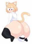 :3 ambiguous_gender big_butt blonde_hair bottomless butt clothed clothing duo facesitting female hair huge_butt inner_ear_fluff larger_female legwear looking_back red_eyes shirt sitting_on_another size_difference smaller_ambiguous smile thick_thighs thigh_highs topwear tuft white_body white_skin cytrusawa tsukihime type-moon chaoz_(chaozdesignz) neco-arc animal_humanoid blob_creature cat_humanoid felid felid_humanoid feline feline_humanoid ghost humanoid mammal mammal_humanoid spirit tiny_(disambiguation) hi_res