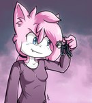 anthro blue_eyes cute_fangs duo evil_grin fangs female fur holding_by_tail macro male male/female micro pink_body pink_fur size_difference size_play smile teeth e-akahele vg_cats aeris_(vg_cats) leo_(vg_cats) domestic_cat felid feline felis mammal