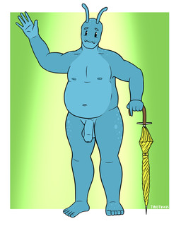 5_fingers 5_toes anthro balls belly blue_body blue_skin eyebrows feet fingers flaccid foreskin freckles genitals gesture holding_object humanoid_genitalia humanoid_penis male nipples non-mammal_balls non-mammal_nipples penis slightly_chubby slightly_chubby_male solo standing toes umbrella unretracted_foreskin waving waving_at_viewer twotusk gastropod mollusk snail 4:5 hi_res