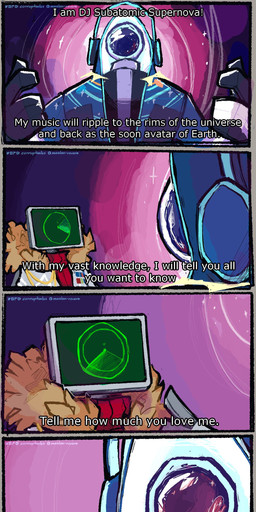 abstract_background big_hands close-up clothed clothing cybernetics dialogue disc_jockey duo electronics ellipsis exclamation_point for_a_head gesture green_heart hand_gesture headphones heart_symbol hoodie jacket love machine male male/male not_furry orb pointing pointing_at_self purple_background radar_display screen screen_face shirt simple_background space star sweater text topwear corruptimles no_straight_roads dj_subatomic_supernova neon_j. cyborg humanoid object_head screen_head 2020 absurd_res comic english_text hi_res