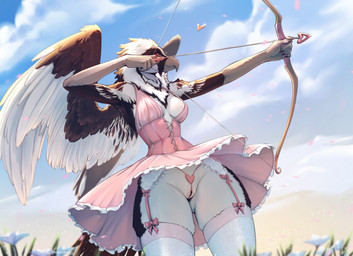 anthro arrow_(weapon) beak beak_closed biped bow_(weapon) breasts claws clothed clothed_anthro clothed_female clothing cloud day dress feathers female fingers front_view genitals mouth_closed non-mammal_breasts non-mammal_vulva outside pussy_floss ranged_weapon sky smile solo standing tail tail_feathers vulva weapon wings mergremil vespara_(pandiwing) accipitrid accipitriform avian bearded_vulture bird old_world_vulture vulture 2026 digital_drawing_(artwork) digital_media_(artwork) hi_res