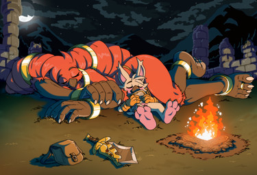 3_toes 4_toes anklet anthro barefoot bracelet campfire duo feet female grass grass_field jewelry male male/female melee_weapon night plant size_difference sleeping sword toes weapon zimakum dungeons_and_dragons hasbro wizards_of_the_coast avian digital_drawing_(artwork) digital_media_(artwork) hi_res