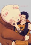 anthro biped black_nose blush clothing duo eyes_closed hug humanoid_hands male shirt sitting slightly_chubby tattoo topwear white_body amaguri_7 one_piece bepo_(one_piece) trafalgar_law bear human mammal minkmen_(one_piece) polar_bear ursine 2018