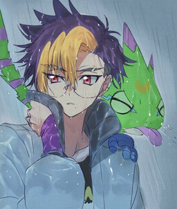 anthro blep clothing duo eyewear glasses green_body jacket male raining red_eyes tongue tongue_out topwear st14_kr010 bandai_namco digimon digimon_beatbreak tomoro_tenma digimon_(species) gekkomon human mammal scalie