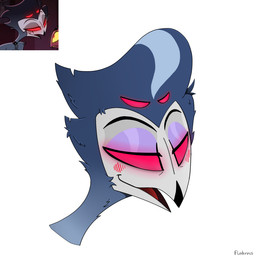 4_eyes beak black_beak blush empty_eyes feathers grey_body grey_feathers lidded_eyes male multi_eye open_mouth pompadour red_eyes simple_background solo white_background flaternus hellaverse helluva_boss stolas_(helluva_boss) avian demon goetia humanoid 1:1 headshot_portrait portrait reference_image