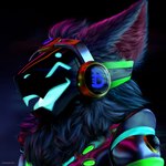 anthro armor blue_body blue_eyes blue_fur cybernetics fluffy fur glowing glowing_eyes glowing_mouth hair happy headgear machine male metal neck_tuft night open_mouth open_visor protogen_armor protogen_visor realistic realistic_fur realistic_lighting red_body red_fur smile solo tongue tuft visor goldapolloart fox_becket canid canine hybrid mammal protogen absurd_res hi_res