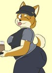 anthro brown_eyes butt countershading female heart_symbol one_eye_closed orange_body side_view simple_background slightly_chubby slightly_chubby_female solo thick_thighs tongue tongue_out wavy_mouth wink work_uniform worker yellow_background toonarscontent dogelore mcdonald's doge holly_avenue canid canine canis domestic_dog mammal shiba_inu spitz absurd_res digital_media_(artwork) hi_res meme