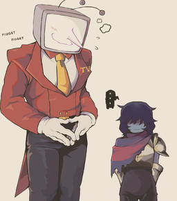 ambiguous_gender antennae_(anatomy) armor blue_body blue_skin blush blush_lines bottomwear clothed clothing duo electronics for_a_head fully_clothed gloves hair handwear jacket male necktie not_furry pants pointy_nose screen screen_face smile television topwear mamaito deltarune undertale_(series) kris_dreemurr tenna_(deltarune) darkner human humanoid mammal object_head screen_head tv_head hi_res