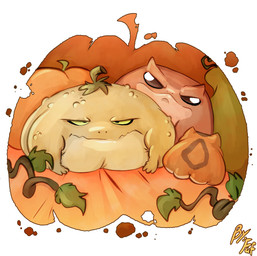 ambiguous_gender black_eyes duo feral food front_view fruit green_body larger_ambiguous plant pumpkin quadruped simple_background sitting size_difference smaller_ambiguous white_background yellow_body yellow_sclera fuf amphibian frog 2023 hi_res