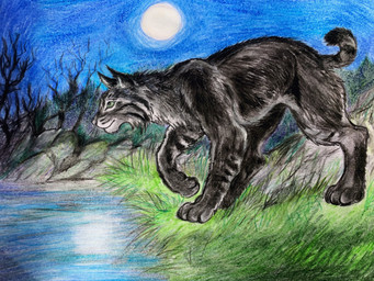 black_body black_fur feral fur grass lake male moon night outside plant quadruped side_view solo tree walking water dragoness31 kade_(dragoness31) felid feline lynx mammal 2026 4:3 crayon_(artwork) hi_res traditional_media_(artwork)