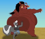 anthro belly big_butt butt claws clothed clothing duo feet hand_on_butt male male/male nude obese obese_anthro obese_male overweight overweight_anthro overweight_male size_difference thick_thighs zayantics disney the_lion_king pumbaa ray_rhythmus mammal mephitid skunk suid suina warthog hi_res