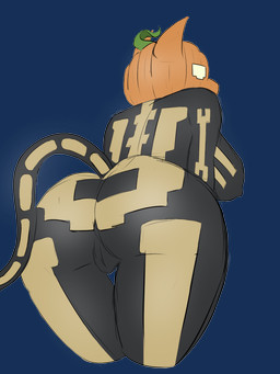 anthro big_breasts big_butt bodysuit breasts butt cat_tail clothing erect_nipples female food for_a_head fruit genitals nipples plant pumpkin pumpkin_head skinsuit solo thick_thighs tight_clothing vulva magnoliabihs epic_games fortnite spice_(fortnite) felid feline mammal object_head 3:4 absurd_res alpha_channel hi_res sketch