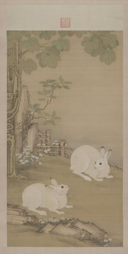 ambiguous_feral ambiguous_gender daisy_(flower) detailed_background dipstick_ears duo ear_markings fence feral flower fur grass leaf long_ears looking_aside markings multicolored_ears outside plant quadruped rock scut_tail short_tail standing tail tree whiskers white_body white_fur leng_mei lagomorph leporid mammal rabbit 18th_century absurd_res ancient_art hi_res painting_(artwork) traditional_media_(artwork) traditional_painting_(artwork)
