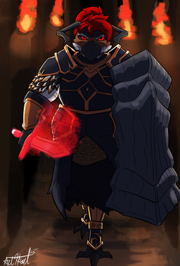 armor beak black_body black_feathers brown_body brown_feathers dark feathers hair horn knife male muscular red_hair shield solo walking white_body white_feathers bear213 dark_souls fromsoftware darren_kurtis avian bird full-length_portrait hi_res portrait