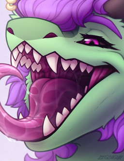 ambiguous_gender bangs black_sclera bodily_fluids ear_piercing ear_ring fangs feral gold_(metal) green_body hair horn mouth_shot one_eye_obstructed open_mouth piercing purple_eyes purple_hair ring_piercing saliva saliva_on_tongue saliva_string solo teeth teeth_showing tongue tongue_out zegzagun mythology dragon mythological_creature mythological_scalie scalie absurd_res hi_res
