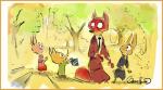 ambiguous_gender anthro beta_design border clothed clothing fully_clothed fur group holding_object orange_border outside plant red_body red_fur smile tan_body tan_fur tree young byron_howard disney zootopia beta_judy_hopps judy_hopps nick_wilde bat canid canine fox lagomorph leporid mammal rabbit red_fox true_fox 2012 concept_art official_art