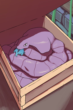 abdominal_bulge ambiguous_feral ambiguous_gender blue_hair box container duo female feral green_straps grey_eyes hair oral_vore vore swetzverelend nintendo pokemon vocaloid yamaha_corporation hatsune_miku arbok generation_1_pokemon human mammal pokemon_(species) reptile scalie snake absurd_res hi_res