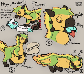 anthro belly blue_body blush burping clothing dialogue duo endosoma feral green_body male mph! oral_vore rumbling_stomach safe_vore shirt sleeping smile swallowing tail text thick_thighs tongue tongue_out topwear vore white_clothing white_shirt white_topwear benadryl_buckshot capcom monster_hunter mango_(benadryl_buckshot) bird_wyvern felid feline mammal seikret serval hi_res