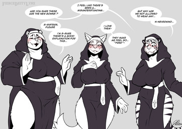 5_fingers anthro big_breasts blush breasts clothed clothing cross crossgender dialogue eyebrow_through_hair eyebrows eyes_closed eyewear fangs female fingers fur glasses grey_background group hair hood huge_breasts looking_down mtf_crossgender nipple_outline nun nun_outfit open_mouth overweight overweight_anthro overweight_female simple_background speech_bubble standing striped_body striped_fur stripes sweatdrop_(iconography) tail teeth text translucent translucent_hair trio wide_hips manyakuma luca_(manyakuma) marron_(manyakuma) melody_(manyakuma) bear canid canine canis felid mammal prehistoric_species saber-toothed_tiger wolf 2024 absurd_res artist_name english_text greyscale hi_res monochrome signature spot_color