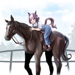 ambiguous_gender bridle brown_body brown_eyes brown_fur brown_hair clothed clothing duo female feral footwear fur hair overalls purple_eyes reins riding saddle shoes tonpuu cygames uma_musume_pretty_derby special_week_(pretty_derby) animal_humanoid equid equid_humanoid equine equine_humanoid horse horse_humanoid humanoid mammal mammal_humanoid 1:1 2020