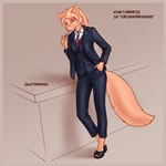 anthro biped clothed clothing crossdressing female footwear necktie shoes suit_and_tie quotermain kinktober diana_(quotermain) canid canine fox mammal 1:1 2022 absurd_res hi_res