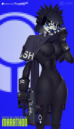black_body black_eyes bodily_fluids bottomless breasts bruised bruised_face clothed clothing clothing_lift cybernetics female gloves gun handwear lipstick machine makeup markings not_furry pose ranged_weapon screen shirt shirt_lift shirt_only small_waist solo sweat text topwear topwear_only vandal_(marathon) weapon wounded flytrapxx bungie marathon_(series) patreon android cyborg humanoid robot robot_humanoid english_text hi_res