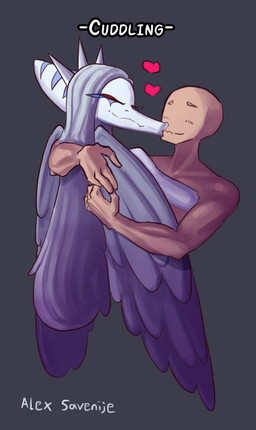 anthro bald blue_body bone_frill canon_couple collar duo eyes_closed feathered_wings feathers female frill_(anatomy) grey_background grey_body grey_feathers grey_hair hair happy heart_symbol hug human_on_anthro interspecies kissing long_hair love male male/female markings romantic romantic_couple simple_background spiked_collar spikes striped_markings stripes text wings alexsavenije cavemanon_studios goodbye_volcano_high ko_op_(game_developer) snoot_game anon_(snoot_game) fang_(gvh) human mammal prehistoric_species pterosaur reptile scalie artist_name colored english_text hi_res shaded