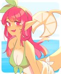 accessory bent_over blush breasts cleavage clothed clothing female green_bikini_top hair hair_accessory hair_ribbon humanoid_pointy_ears long_hair non-mammal_breasts pointy_ears red_eyes red_hair ribbons smile solo topwear yellow_body marshmallowgoblin amarella_(gaziter) animal_humanoid fish fish_humanoid humanoid lemon_shark marine marine_humanoid requiem_shark shark 5:6 absurd_res digital_media_(artwork) hi_res