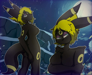 anthro blonde_hair female hair multicolored_body solo ecblanchett nintendo pokemon umbra_faux eeveelution generation_2_pokemon pokemon_(species) umbreon hi_res
