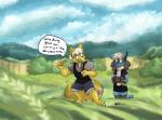 anthro ball clothing detailed_background dialogue diamonds_(artist) duo english_text generation_1_pokemon generation_4_pokemon gridiron_ball hair hi_res holding_object hybrid kadabra lucario male mammal nintendo outside pokemon pokemon_(species) sky speech_bubble sport standing text