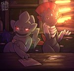 claws crime duo female glowing glowing_eyes green_eyes kerchief looking_at_viewer loose_feather quill red_eyes shemagh smile 007delta nintendo pokemon banette generation_3_pokemon generation_4_pokemon pokemon_(species) weavile 2020 digital_media_(artwork) shaded