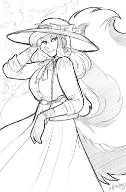 anthro belt clothing dress female fur hair hat headgear headwear looking_at_viewer purse solo sun_hat tail jlbriere genevieve_d'argent mammal mephitid skunk greyscale monochrome