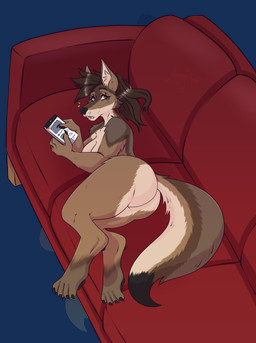 anthro breasts brown_body brown_fur brown_hair butt convenient_censorship dark_body dark_fur dipstick_tail electronics female fur furniture grey_body grey_fur hair leg_markings long_hair lounging markings phone red_sofa socks_(marking) sofa solo surprised tail tail_markings tan_body tan_fur thick_thighs penpenelope mizuhocoyote_(character) canid canine canis coyote mammal alpha_channel hi_res