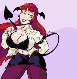 big_breasts black_bottomwear black_bra black_clothing black_lipstick black_skirt black_tail black_underwear black_wings blush blush_lines bottomwear bra breasts cleavage clothed clothing eyelashes female front_view hair head_wings huge_breasts legwear lipstick long_hair looking_at_viewer makeup markings mole_(marking) mole_on_breast mole_under_eye navel purple_background purple_clothing purple_legwear red_eyes red_hair simple_background skirt smile solo spade_tail tail tan_body tan_skin thick_thighs topwear translucent translucent_clothing translucent_topwear underwear undressing unusual_wing_placement white_clothing white_topwear wide_hips wings linaciari touhou koakuma humanoid tailed_humanoid hi_res