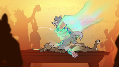 anthro big_hands bodily_fluids brown_body cum disembodied_hand ejaculation forced genital_fluids ghost_hand grey_body male multicolored_body pawpads paws pink_pawpads sweat sweatdrop stampmats fek_(character) 16:9 hi_res widescreen