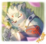 anthro biped blue_body clothed clothing eyes_closed kemono lying sleeping solo text white_body kouga0225 asian_mythology east_asian_mythology japanese_mythology lifewonders mythology tokyo_afterschool_summoners agyo_(tas) foo_dog komainu mammal yokai 2022 hi_res japanese_text